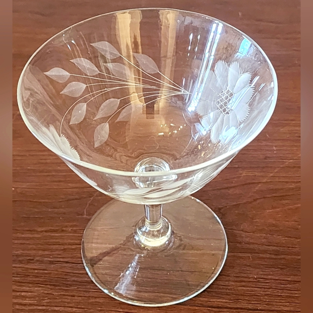 Vintage Hughes 1950 Cornflower Etched Champange Coupes      Set of 4